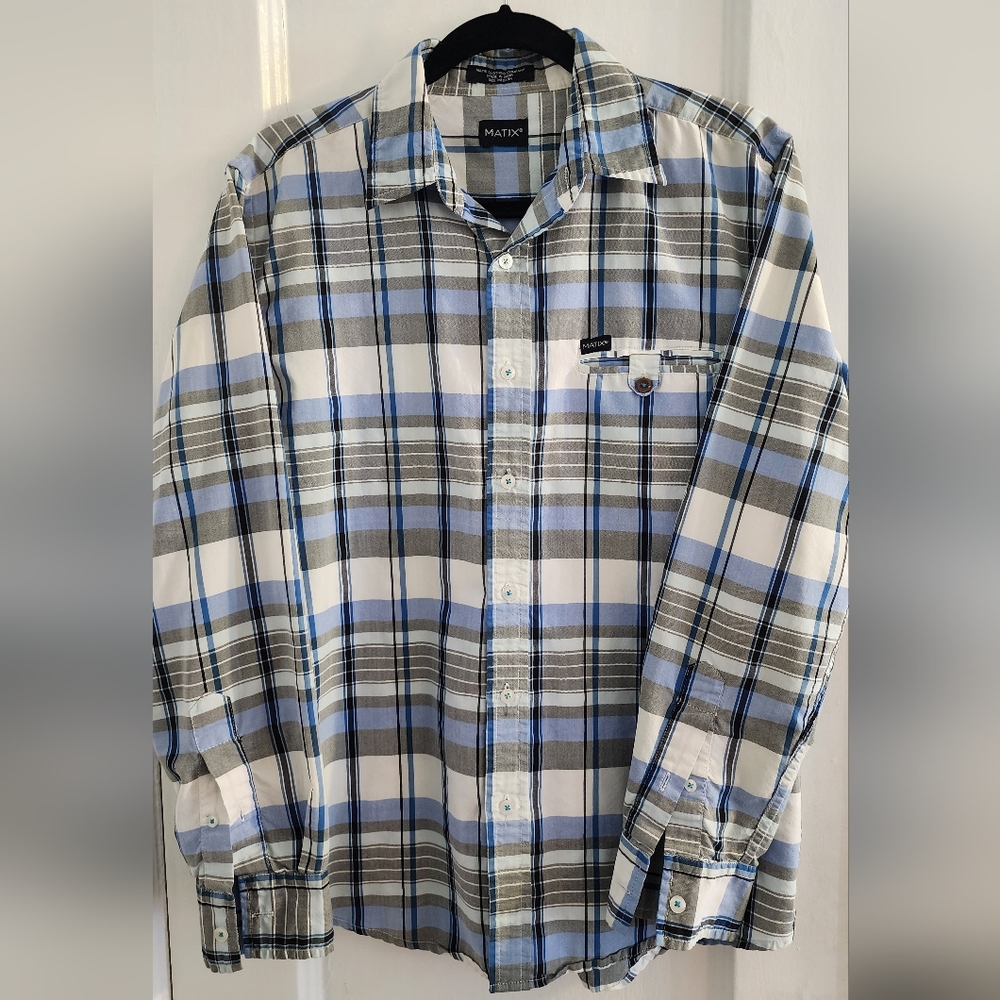 Matix long-sleeve blue and white plaid button-down, medium